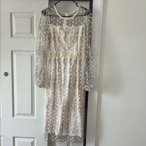 Elegant Cream Dress with Sheer Floral Overlay